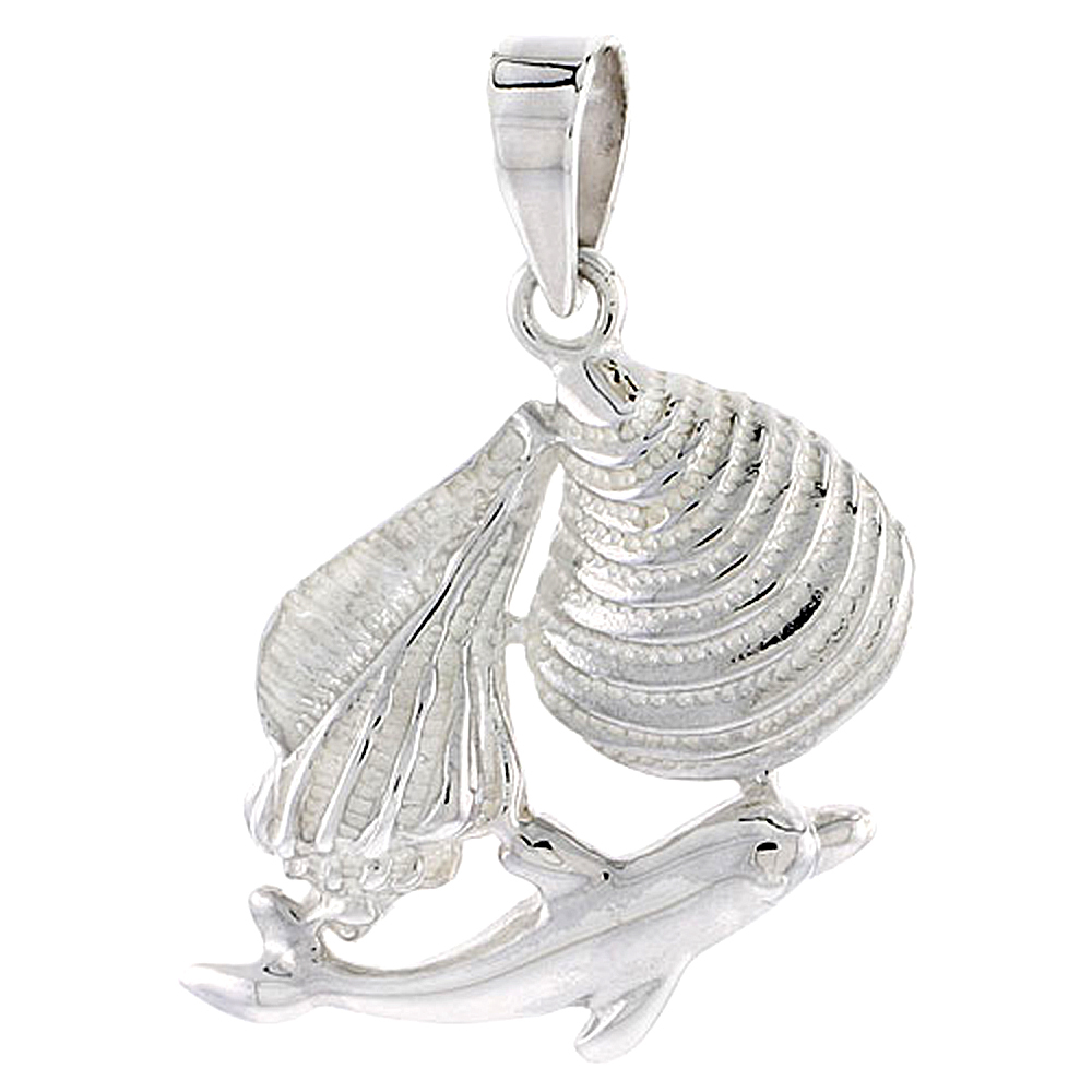 Sterling Silver Flawless Quality Seashells & Dolphin Pendant, Italian Box Chain