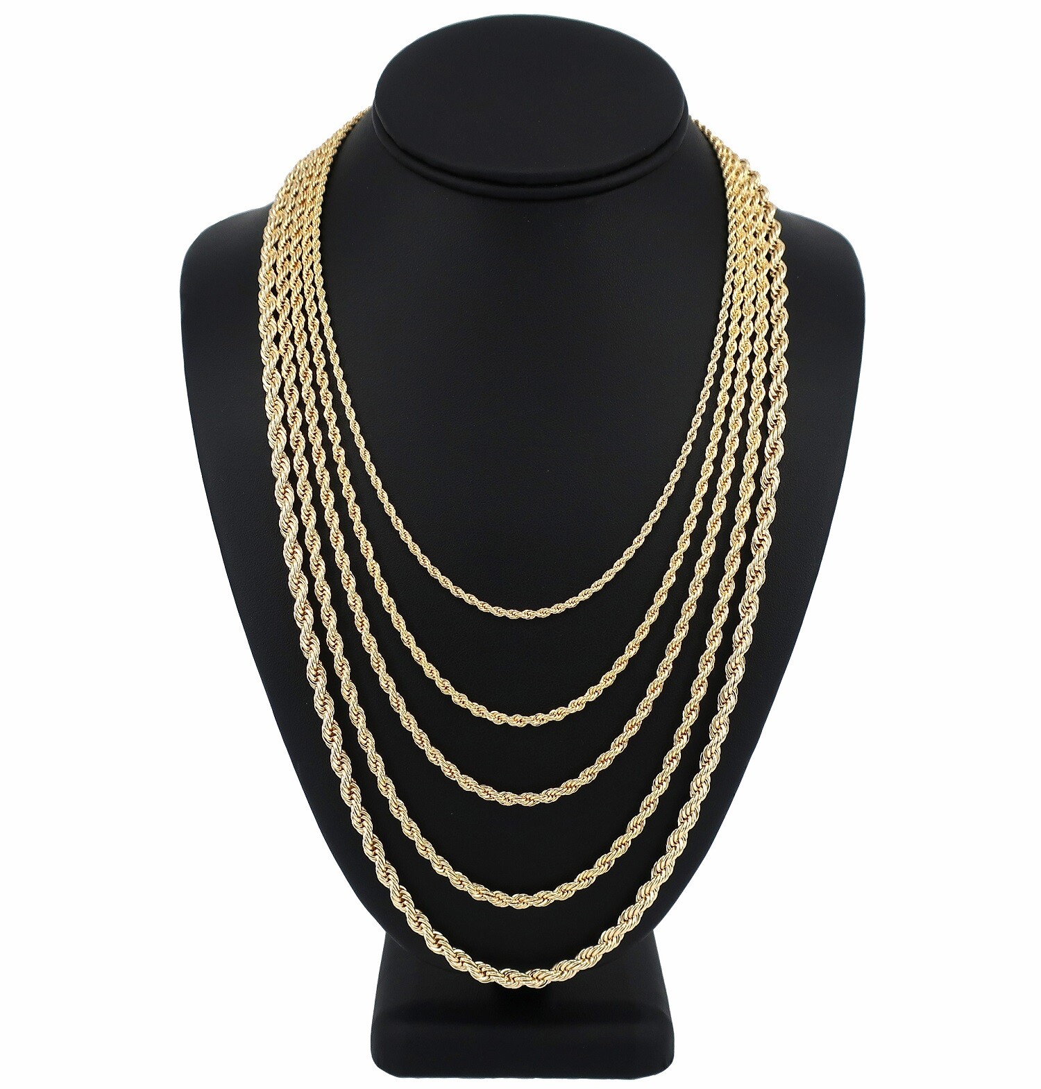 2.5mm to 5mm Rope Chain Necklace Bracelet 16″ 18″ 20″ 24″ 30″ 14K Gold Plated