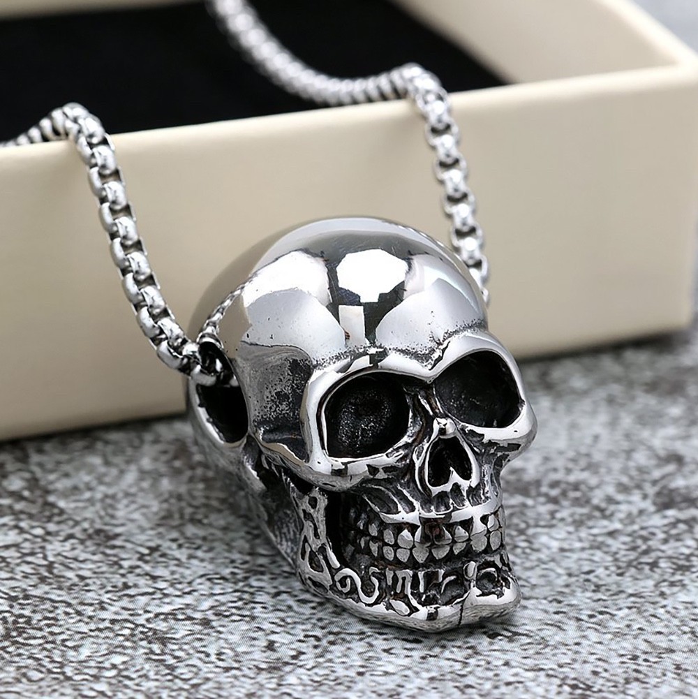 MENDEL Gothic Mens Biker Skull Pendant Necklace Men Stainless Steel Chain Silver