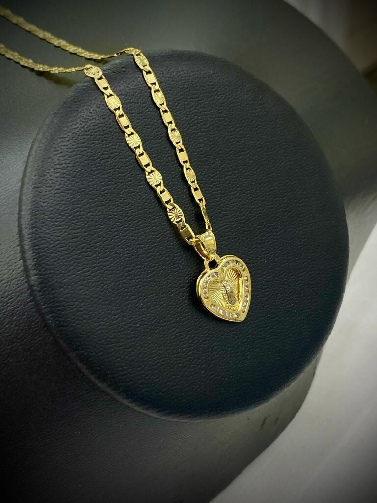 Heart CZ Virgen de Guadalupe Necklace Valentino Chain for Womens Gold F 15x13mm