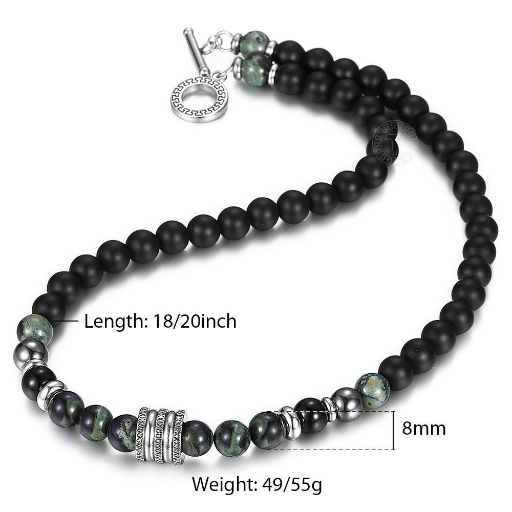 8MM Natural Black Matte Polar Jade Beaded Necklace Stainless Steel Toggle Choker