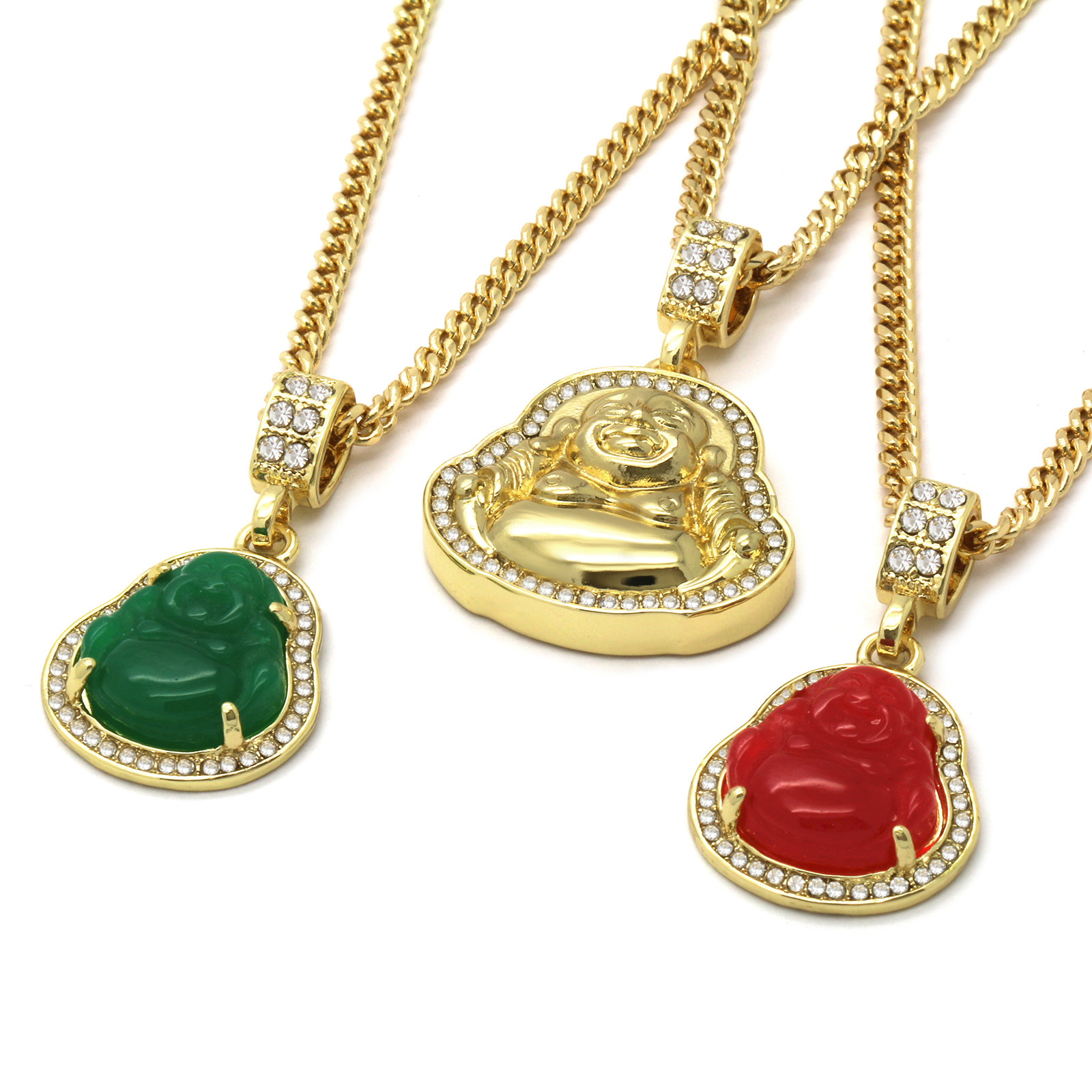 14k Gold Plated G, R Buddha 3 Pendant Cubic-Zirconia 30 30 24 Cuban Chain