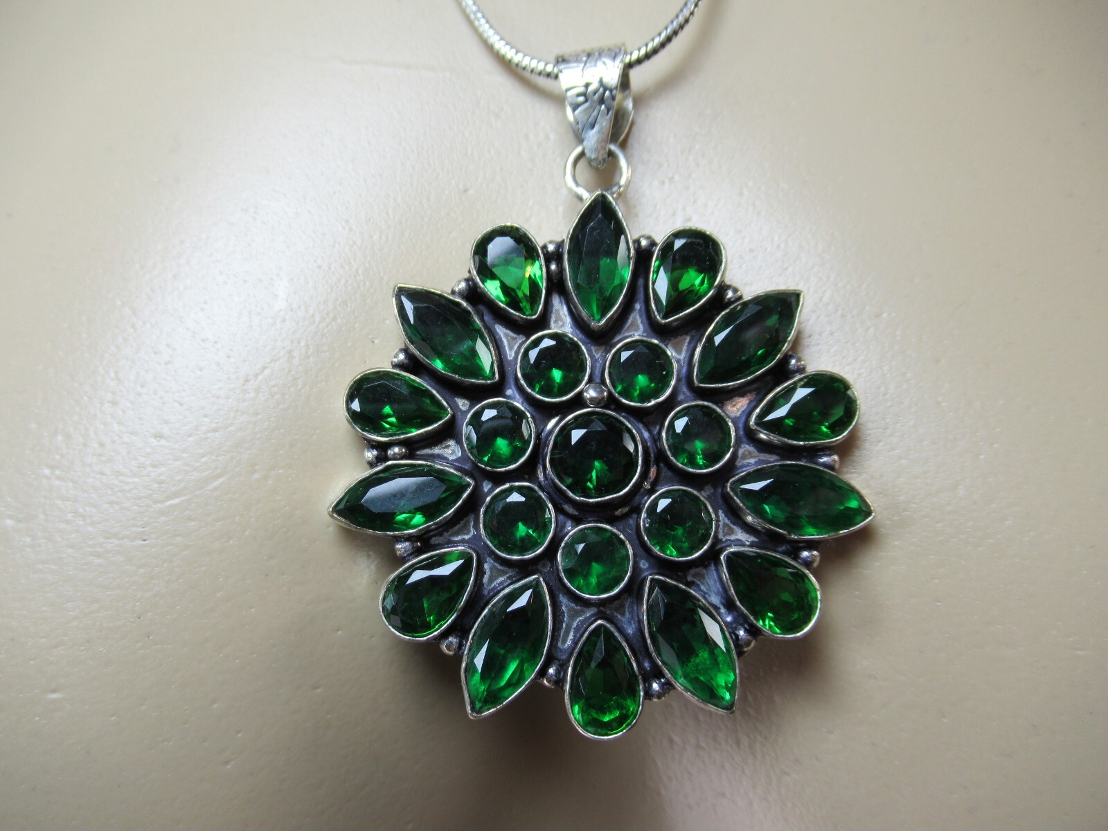 Necklace Pendant Flower Green Cluster Bezel Set Glass Cabs Bold Large Silver