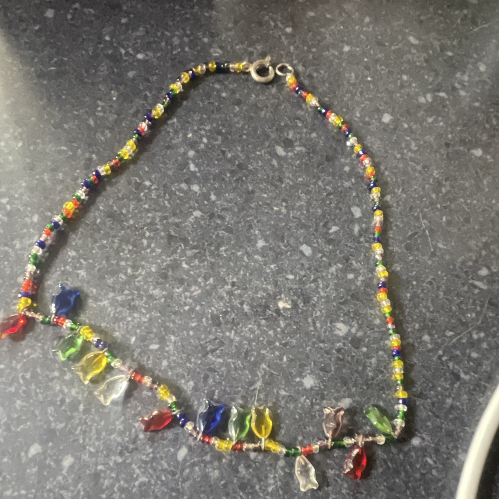 Vintage Beaded Necklace Glass Charm Dangles Pendant Spring Ring Closure