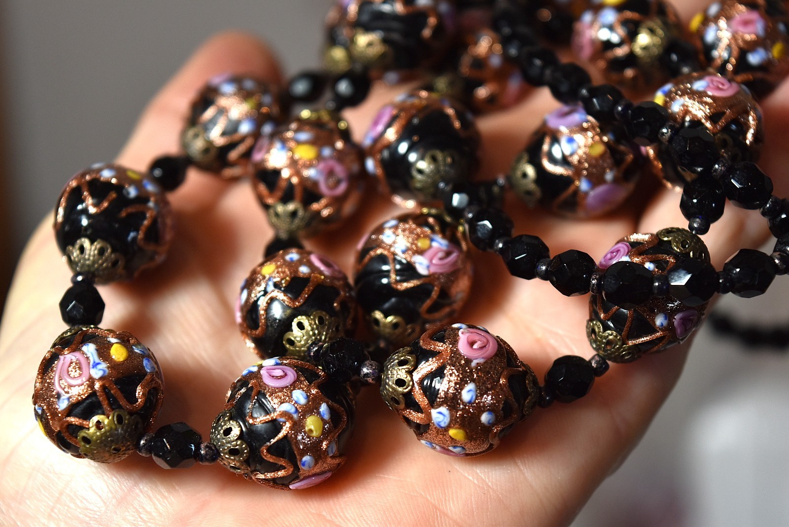Vtg 2 Strand Venetian Murano Black Wedding Cake Glass Beaded Necklace Earrings