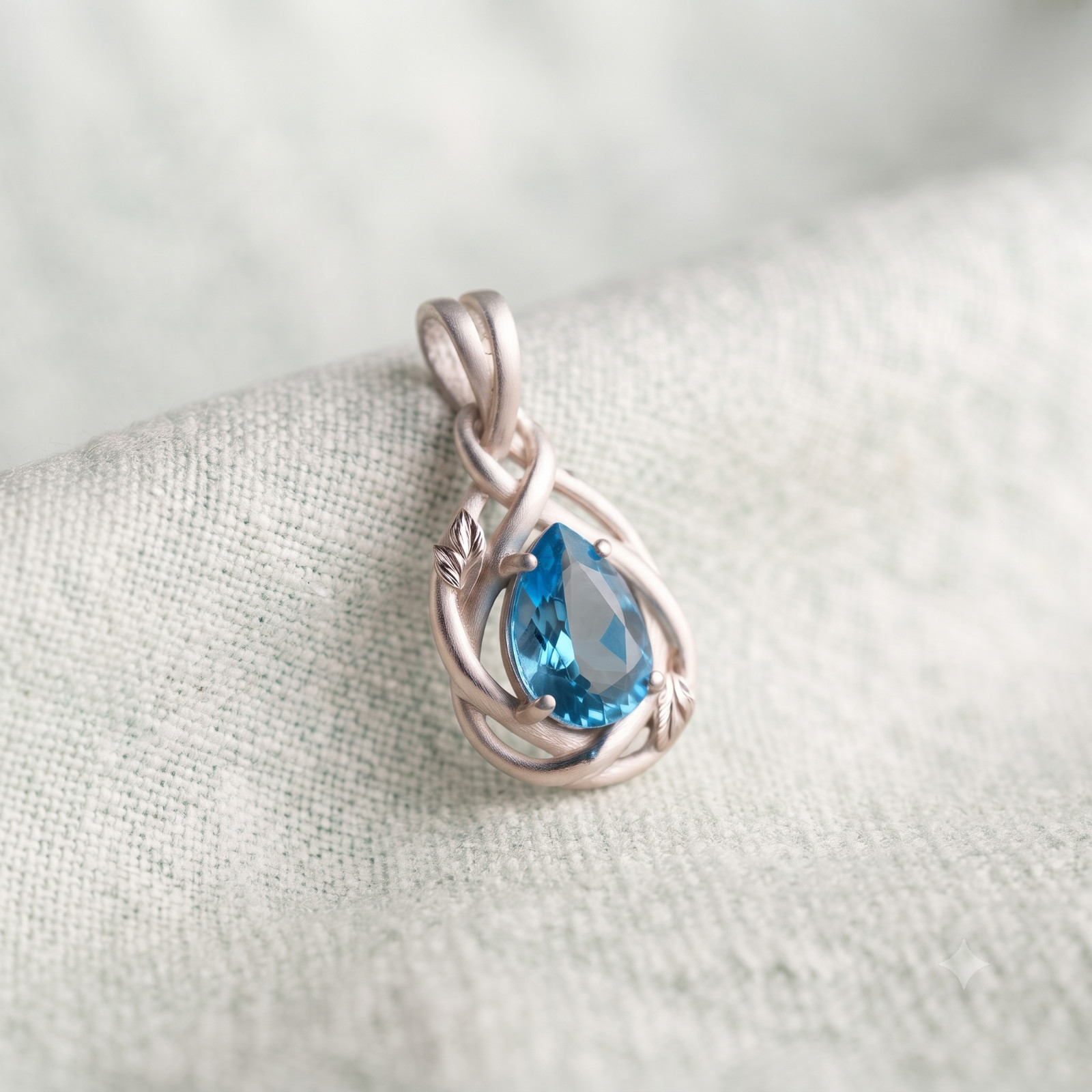 Sterling Silver Natural Blue Topaz Necklace, Pear Cut Gemstone Pendant