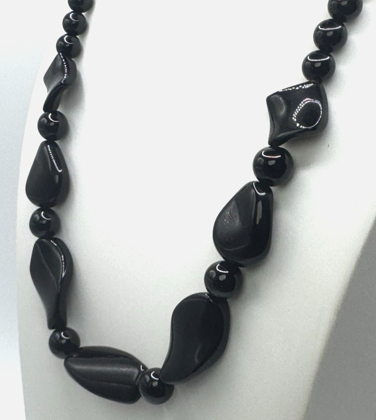 Obsidian and Black Agate 20 in Platinum Plated Clasp Boho Bead Necklace 4-18MM