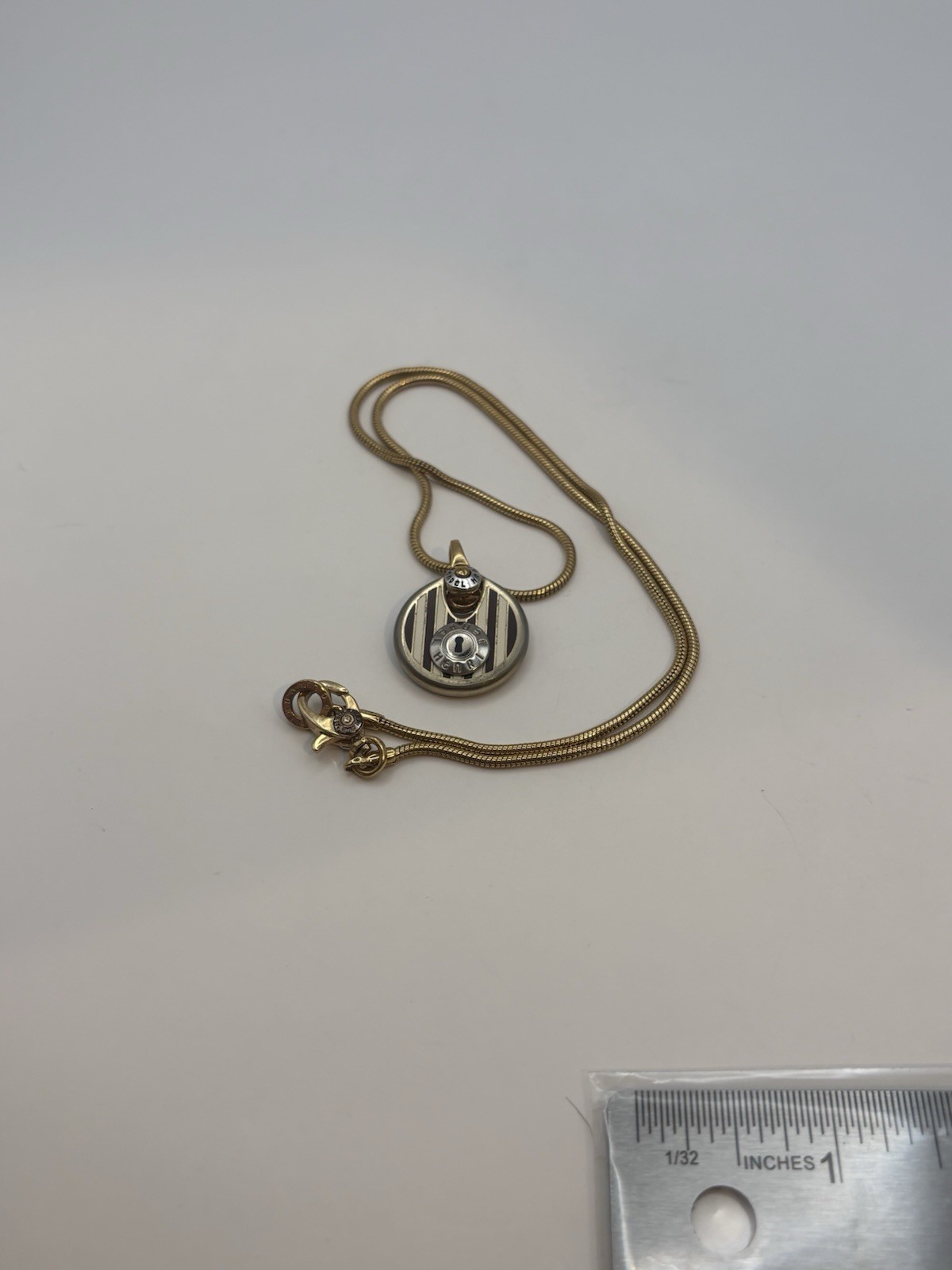 Henri Bendel Lock Pendant Necklace Brown White Stripe Gold Tone Snake Chain