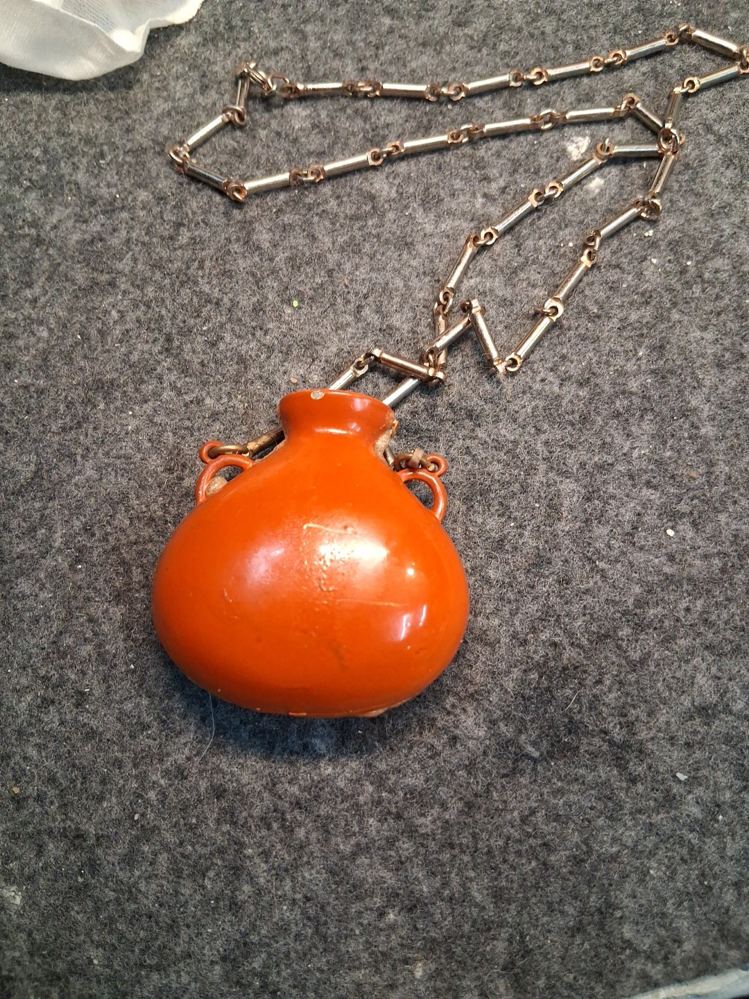 Vintage Mid-Century Orange Porcelain Perfume Scent Bottle Pendant Necklace Silve