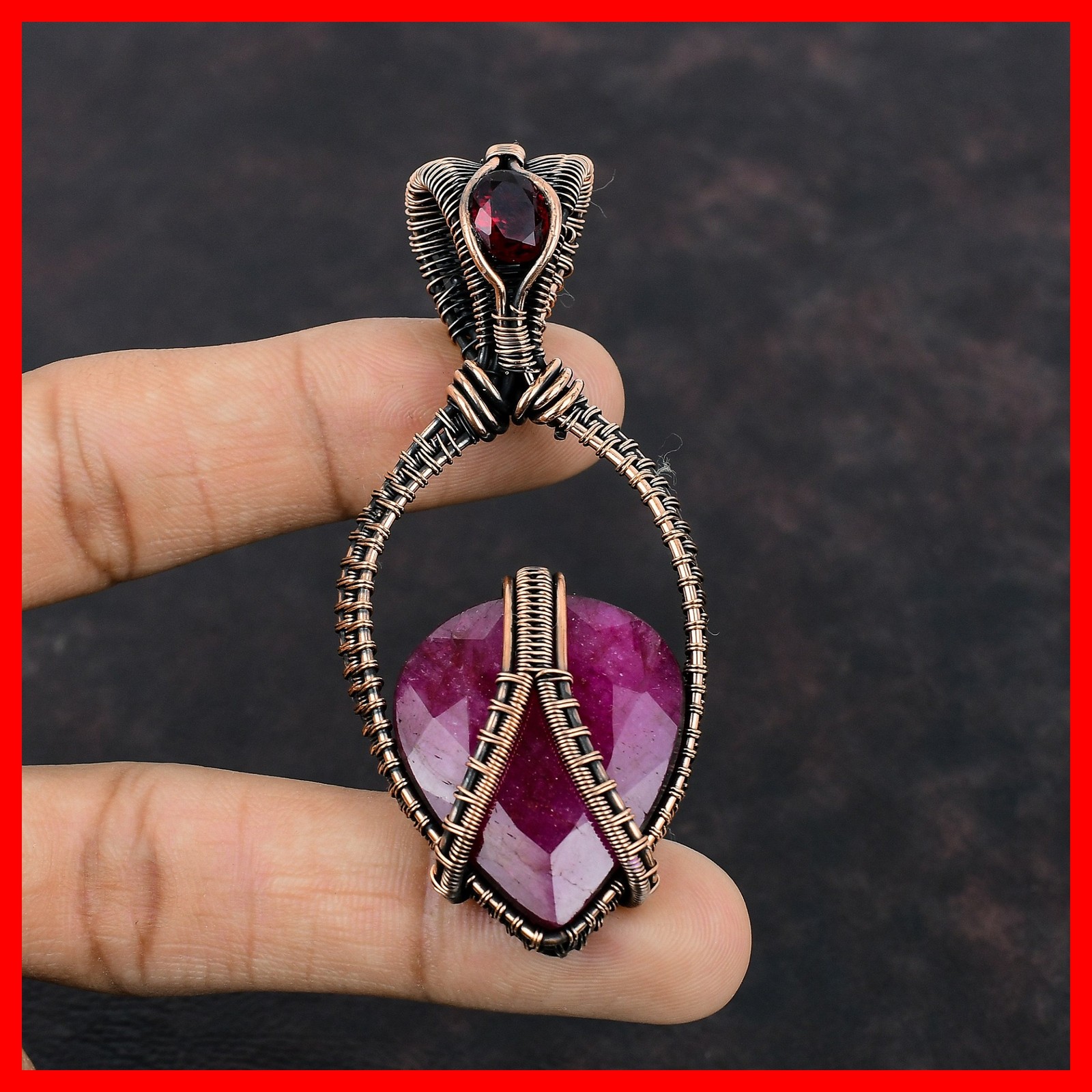 Kashmir Rubi Stone Mozambique Garnet Copper Wire Wrapped Trendy Pendant Jewelry