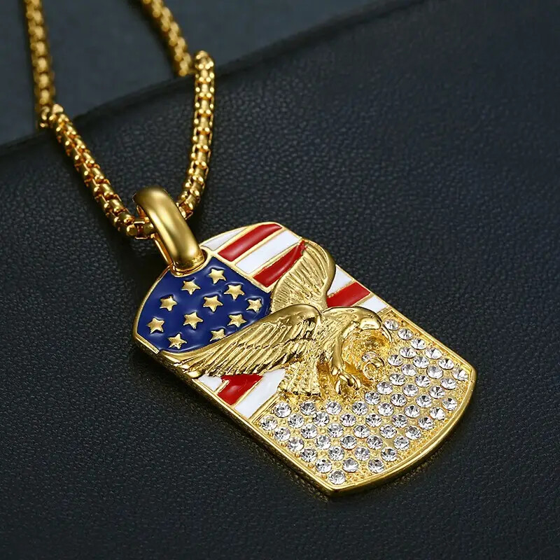 Stainless Steel American Eagle Dog Tag Pendant & 3mm 24″ Rolo Chain Necklace