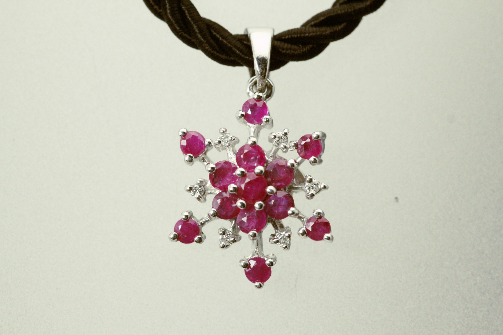 Red Ruby & Diamond Chips Snowflake Sterling Pendant Black Cord 5.4g (NEC5716)