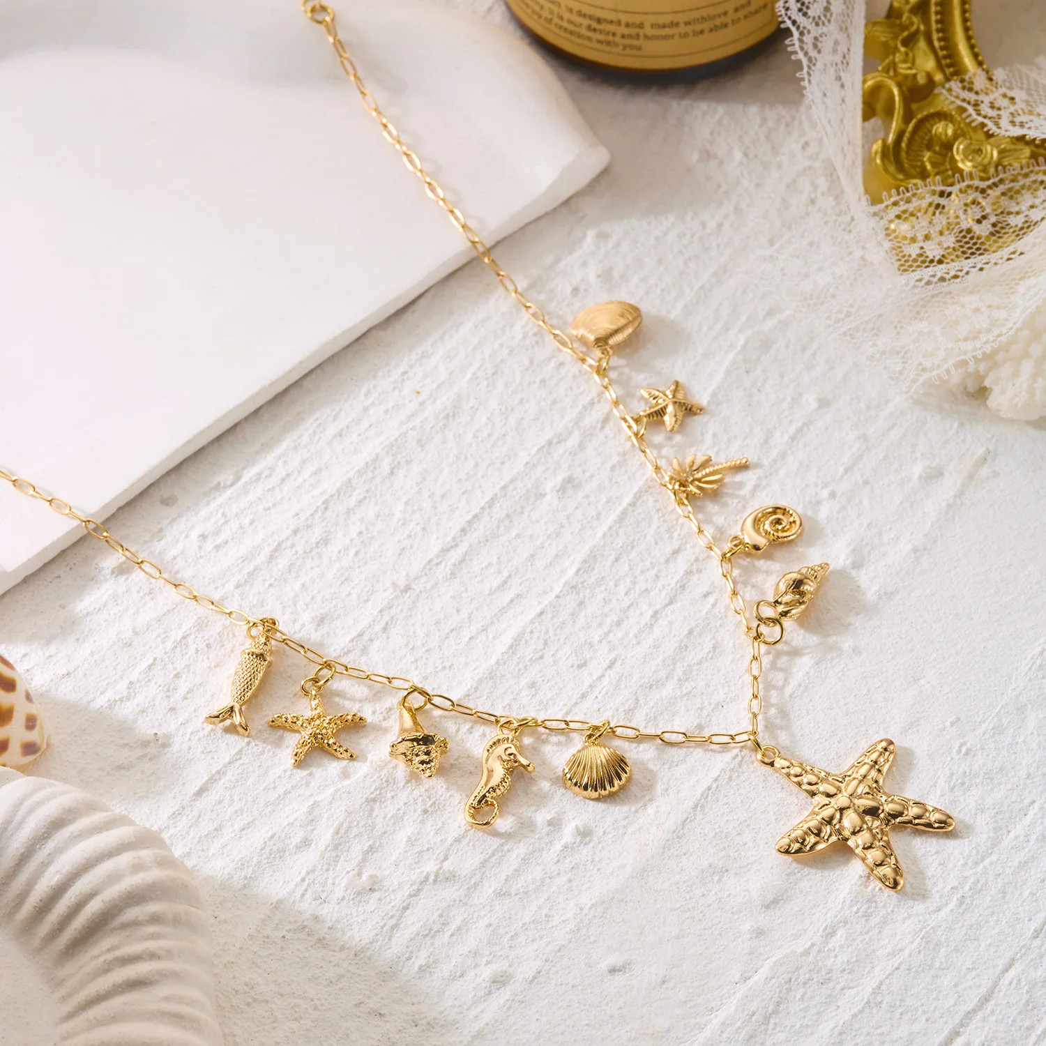 Boho 2 Layer Baroque Pearl Chain Necklaces Gold Plated Seashell Starfish Conch P