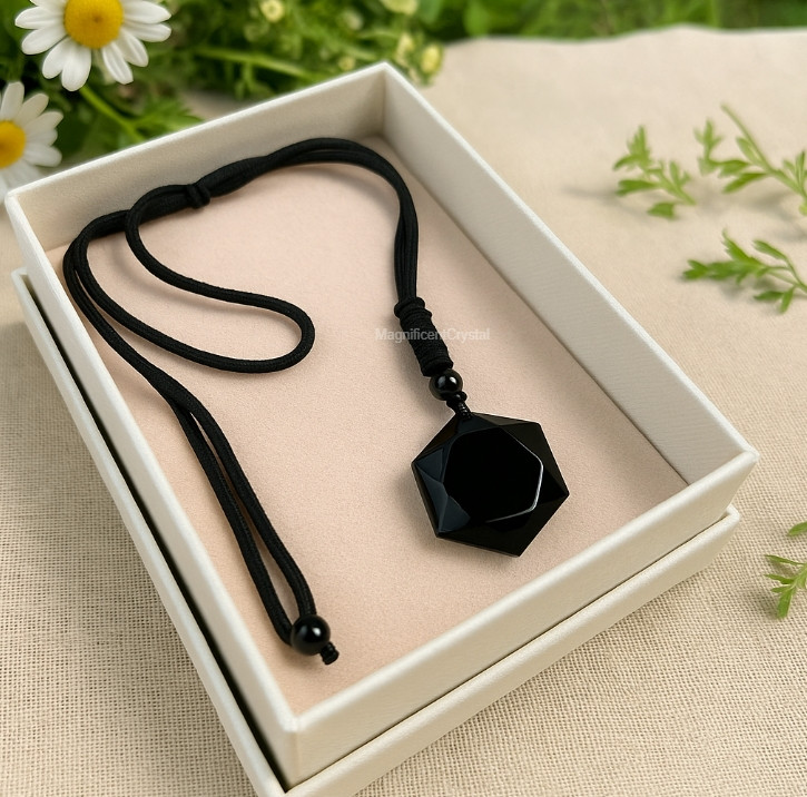 Black Obsidian Pendant Hexagon Necklace Women Men Amulet Stone Crystal Jewelry