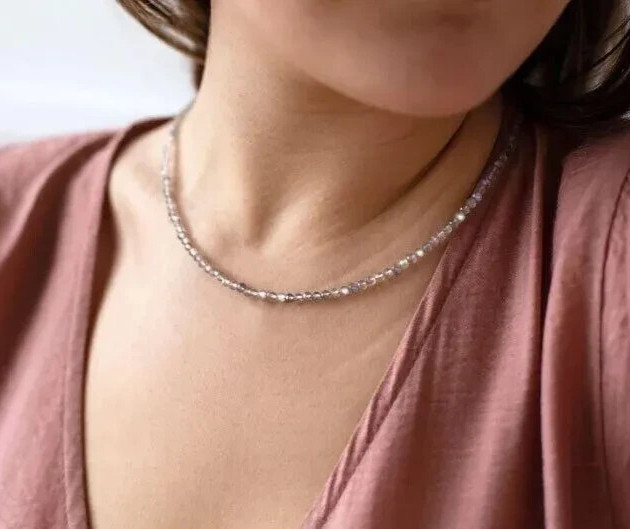 Natural Labradorite 4mm Beaded Choker Necklace Healing Reiki Dainty Women Skinny