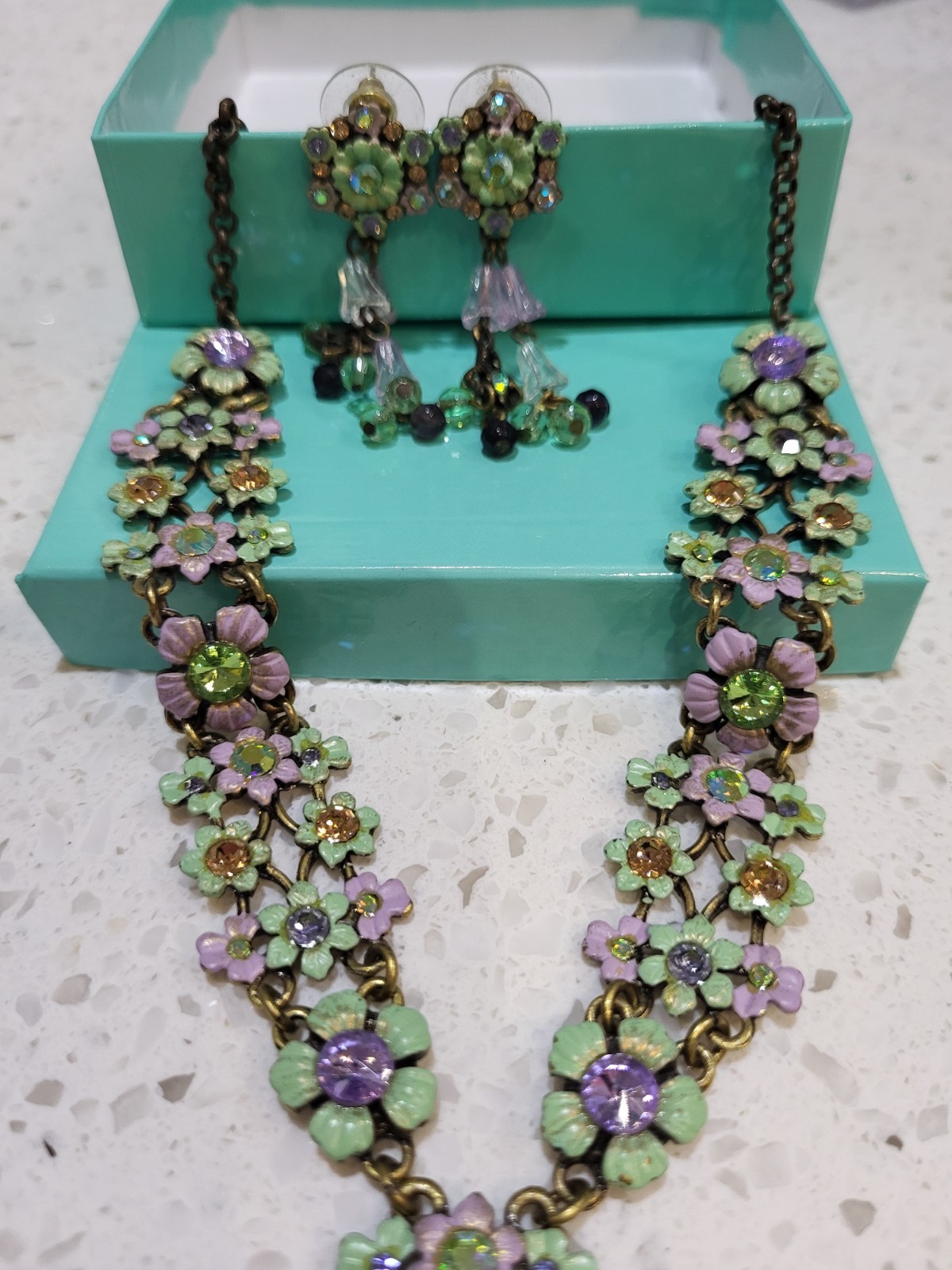 Vtg necklace, earring set Michael Morrison signed MX floral enamel with crystals