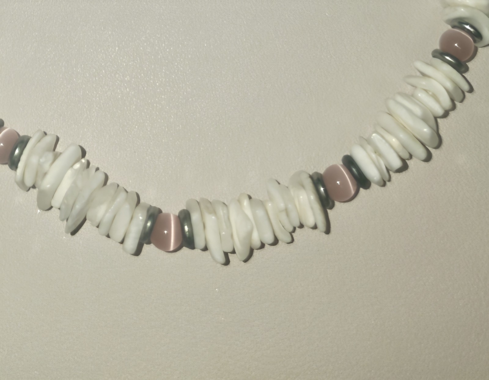 Puka Shell Chip Necklace with Pink Stones