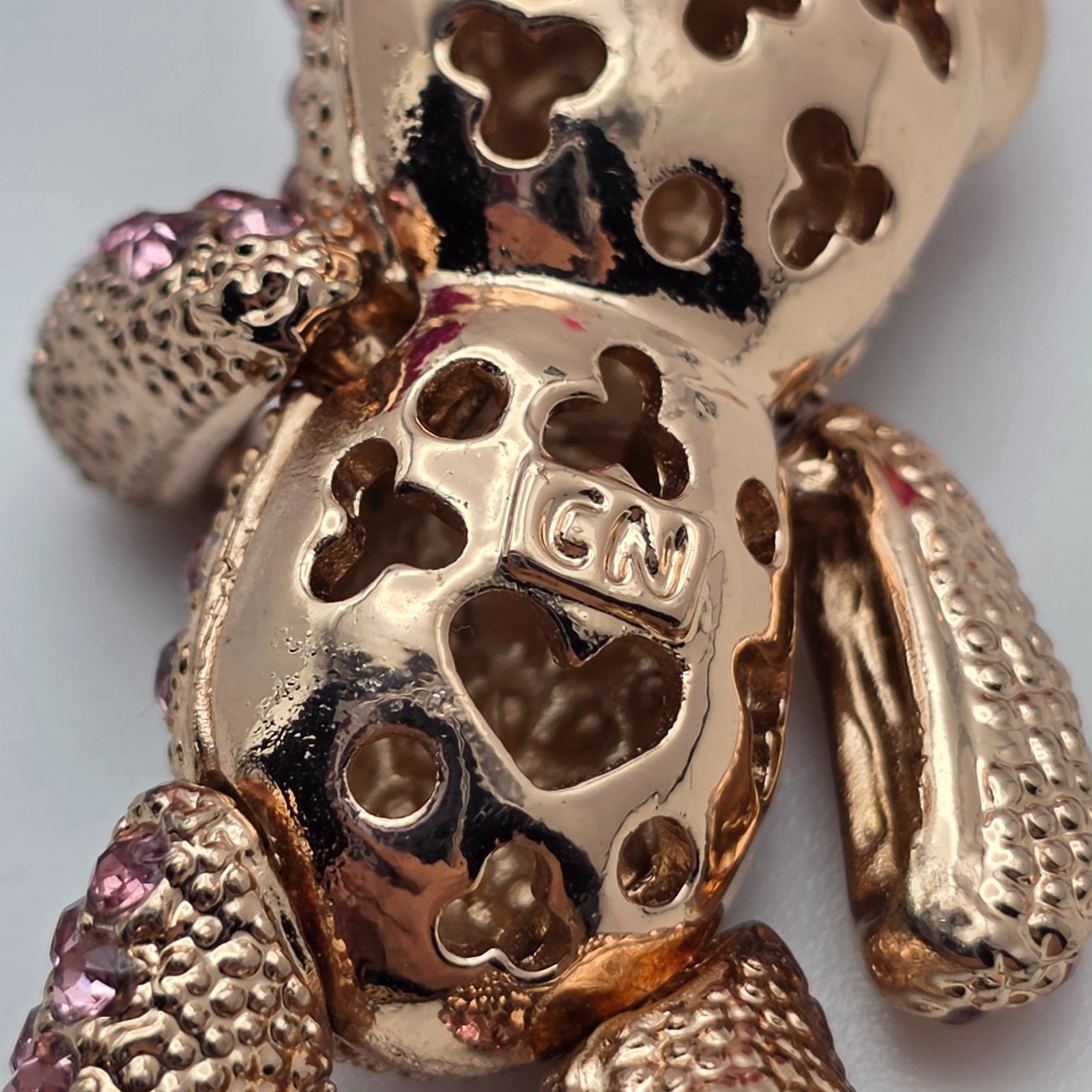 Rose Gold Tone Teddy Bear Pendant Necklace Pink AB Rhinestones 20 in Adj.