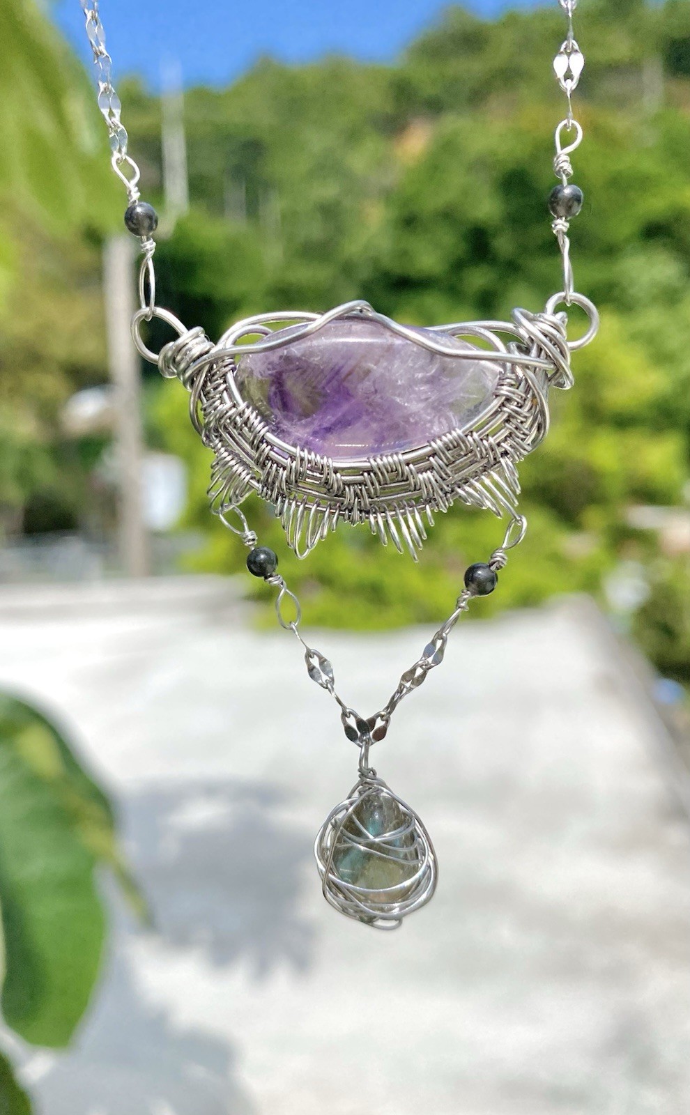 Handmade Amethyst & Labradorite Necklace Wire Wrapped Gemstones On Steel Chain