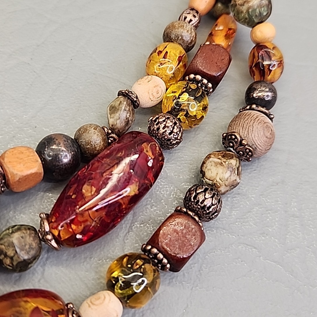 Beaded Necklace Roman Jewelry Copal Wood Beads Triple Layered 16-18″