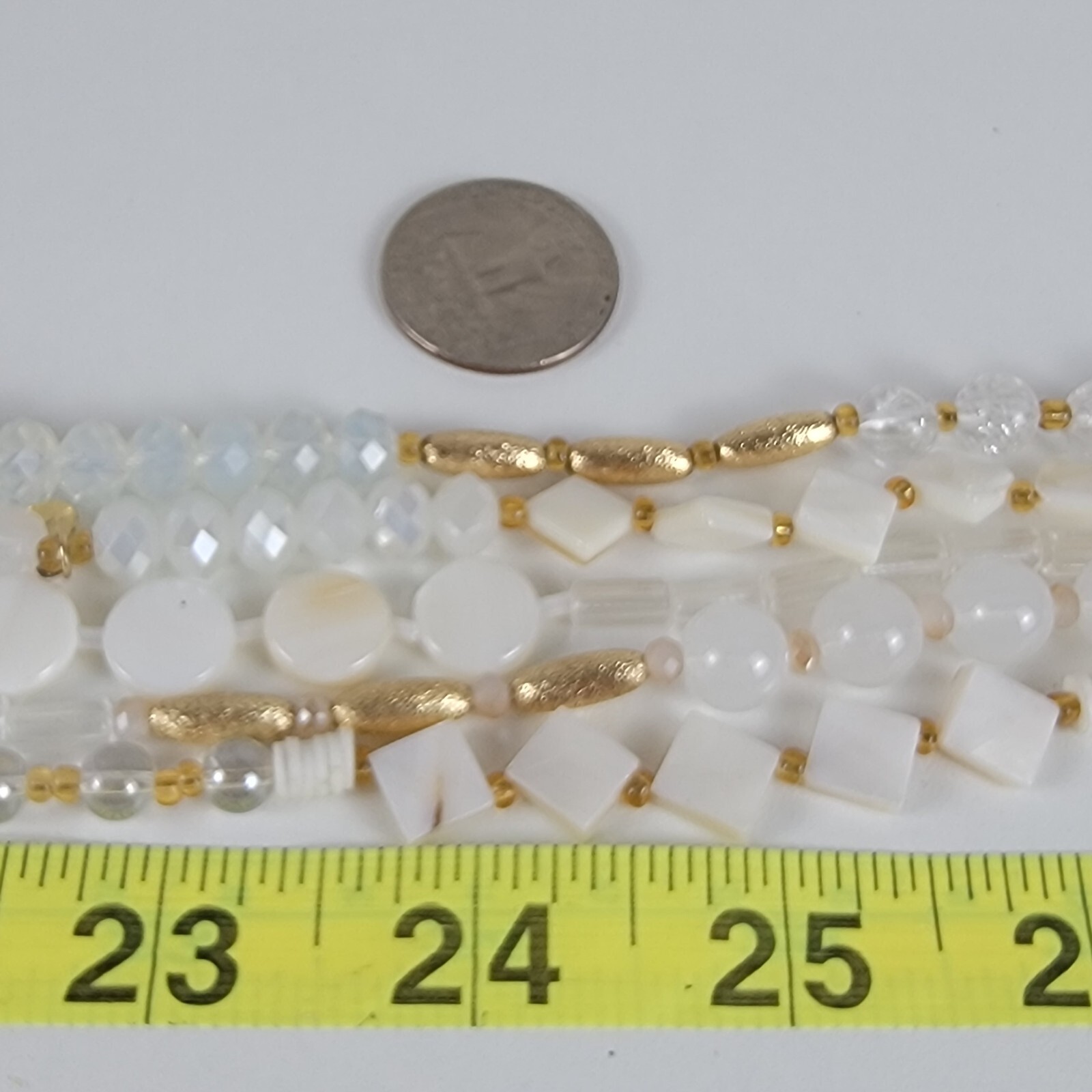 White And Gold Mother Of Pearl Glass Beaded Layered Necklace 21″ Lobstert Clasp