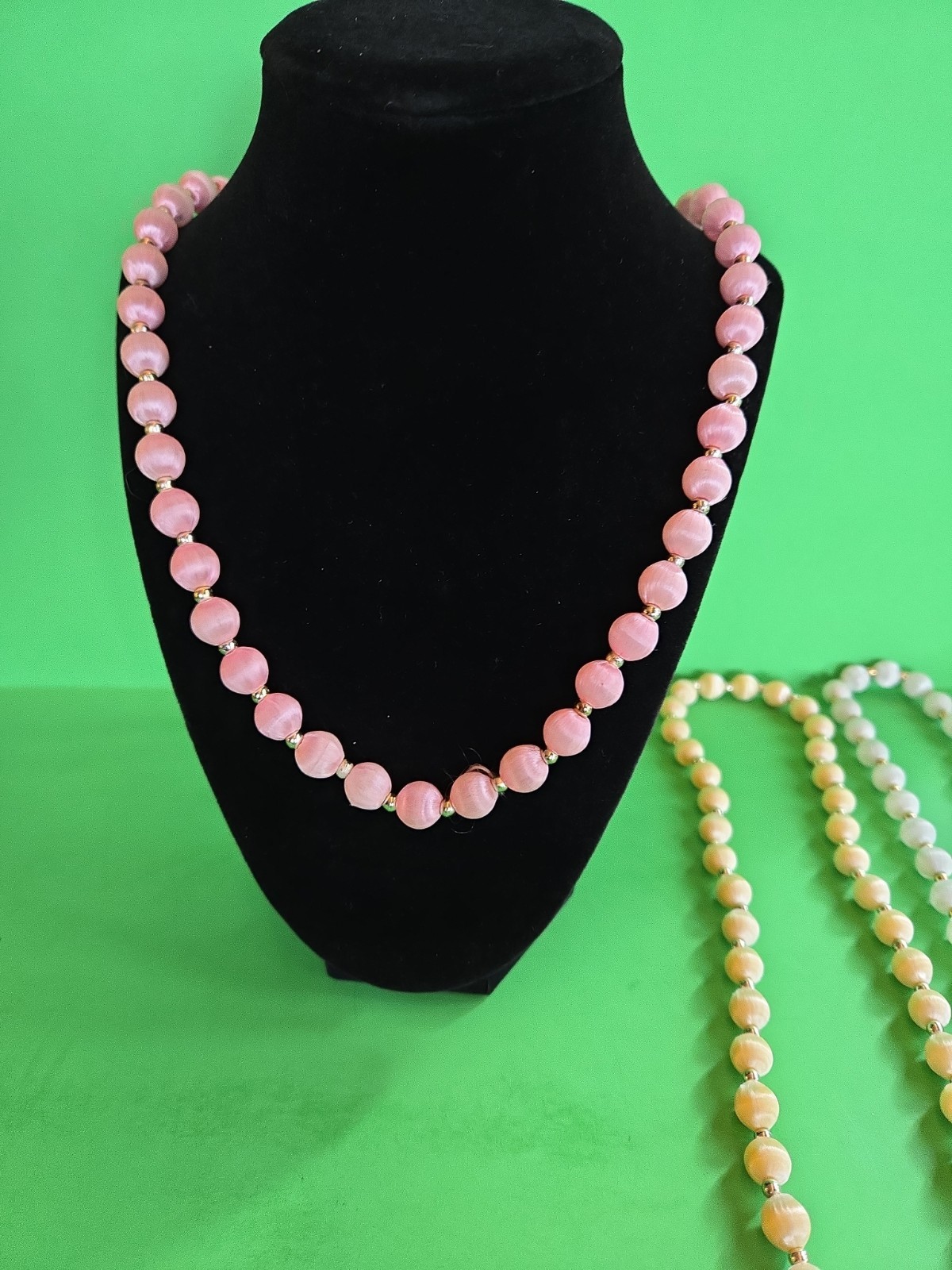 Four Vintage Gold Tone Yellow, Cocoa, White & Pink Silk Satin 14-15″ Necklaces