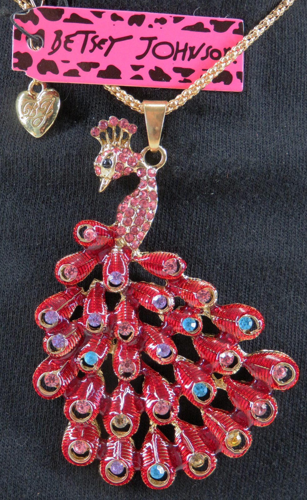 NWT-Betsey Johnson Red Enamel Multi-Crystal Peacock Pendant on Goldtone Necklace