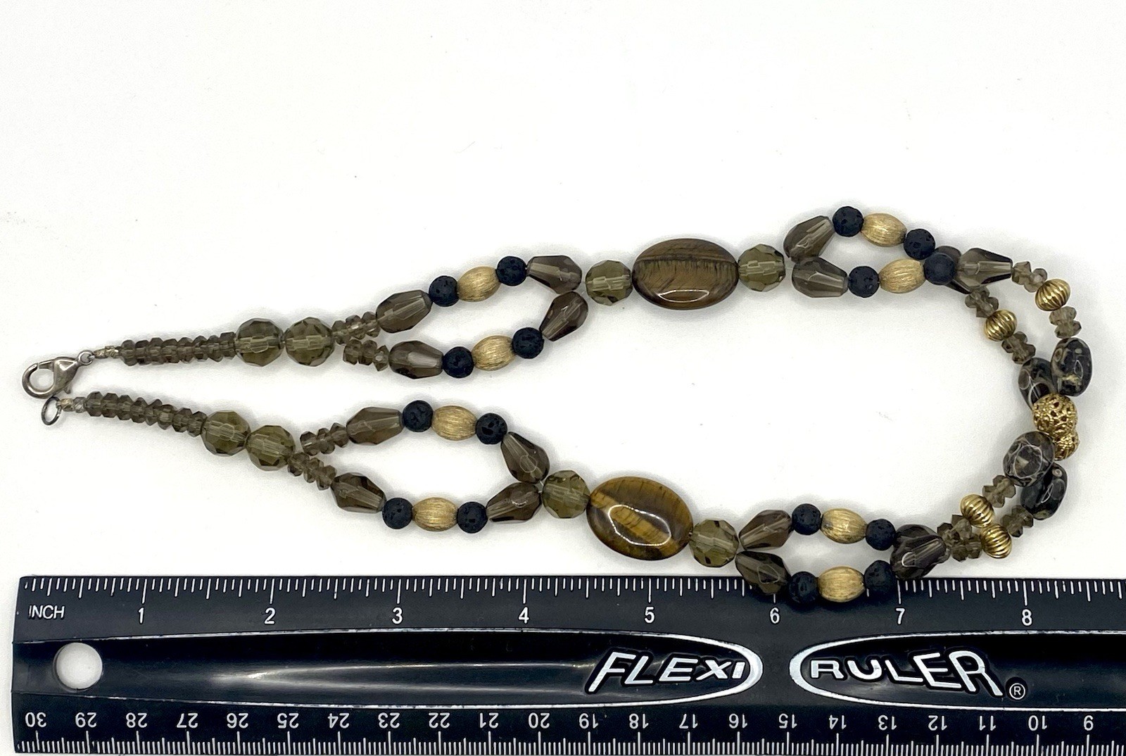 Vintage Double Strand Tiger Eye Lava Rock Agate Brown Necklace Gold Tone Beads