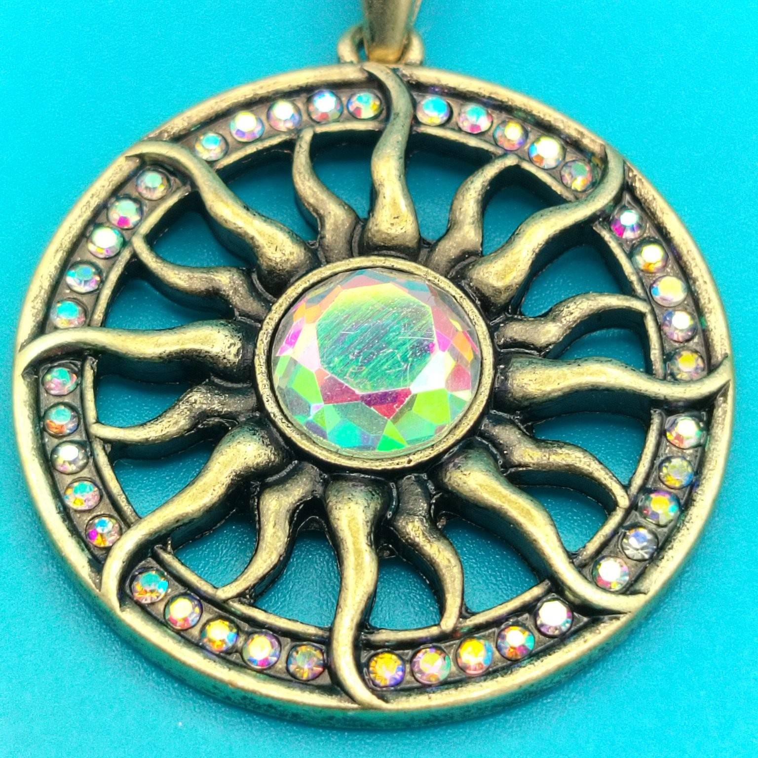 Sunburst Pendant AB Rhinestone Antique Gold Tone Celestial Boho Jewelry