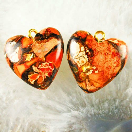 4Pcs Orange Sea Sediment Jasper Gold Copper Bornite Heart Pendant Bead S62410