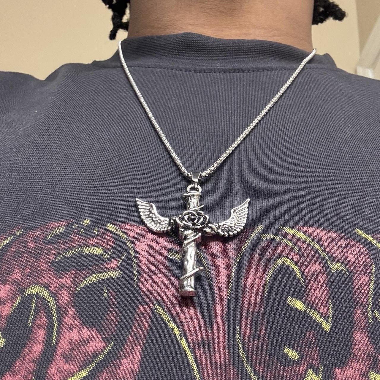 60 Cm Plated Silver Alloy Rose Wing Cross Pendant Necklace Gothic Streetwear Fit