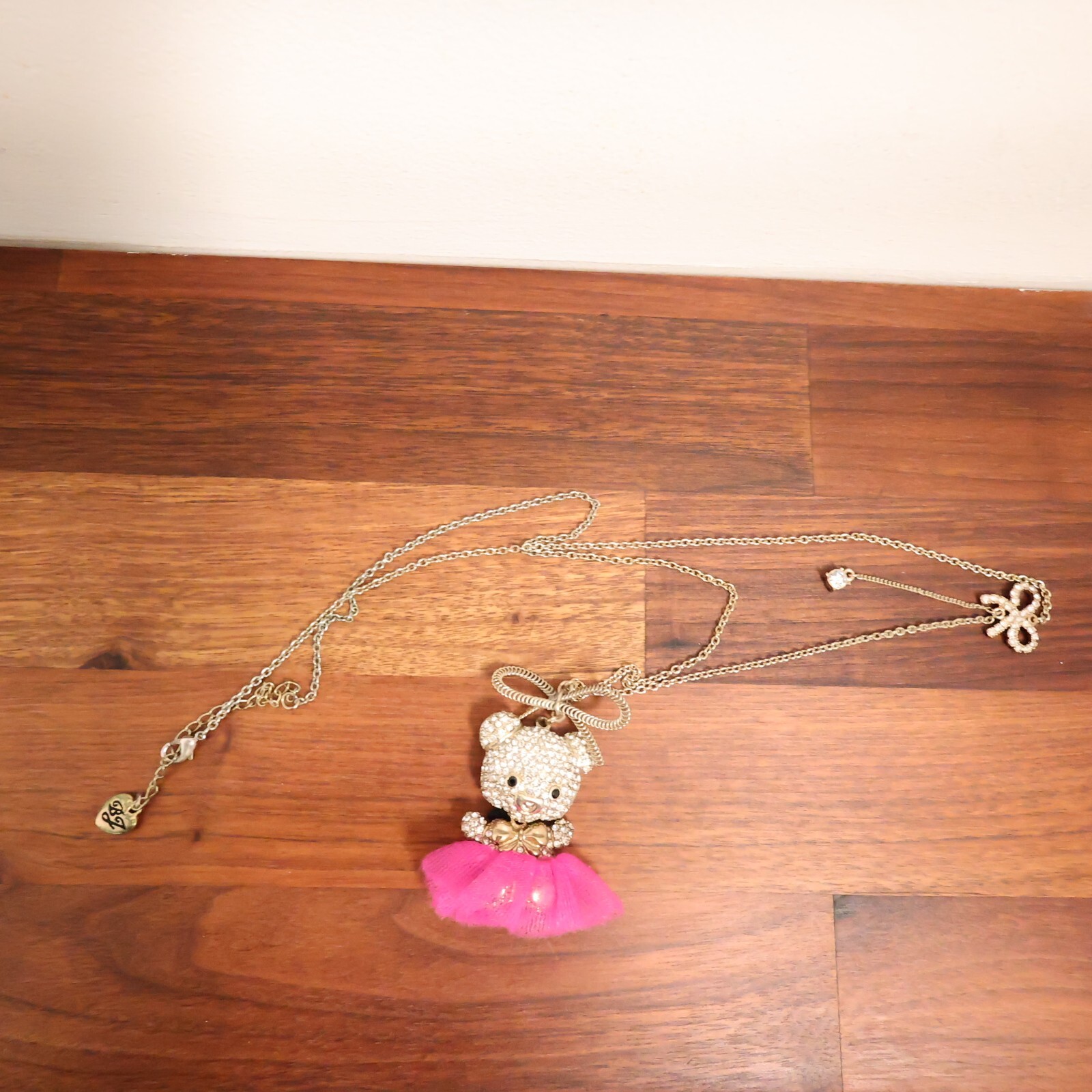 Betsey Johnson necklace teddy bear in ballerina costume magenta pink tutu signed