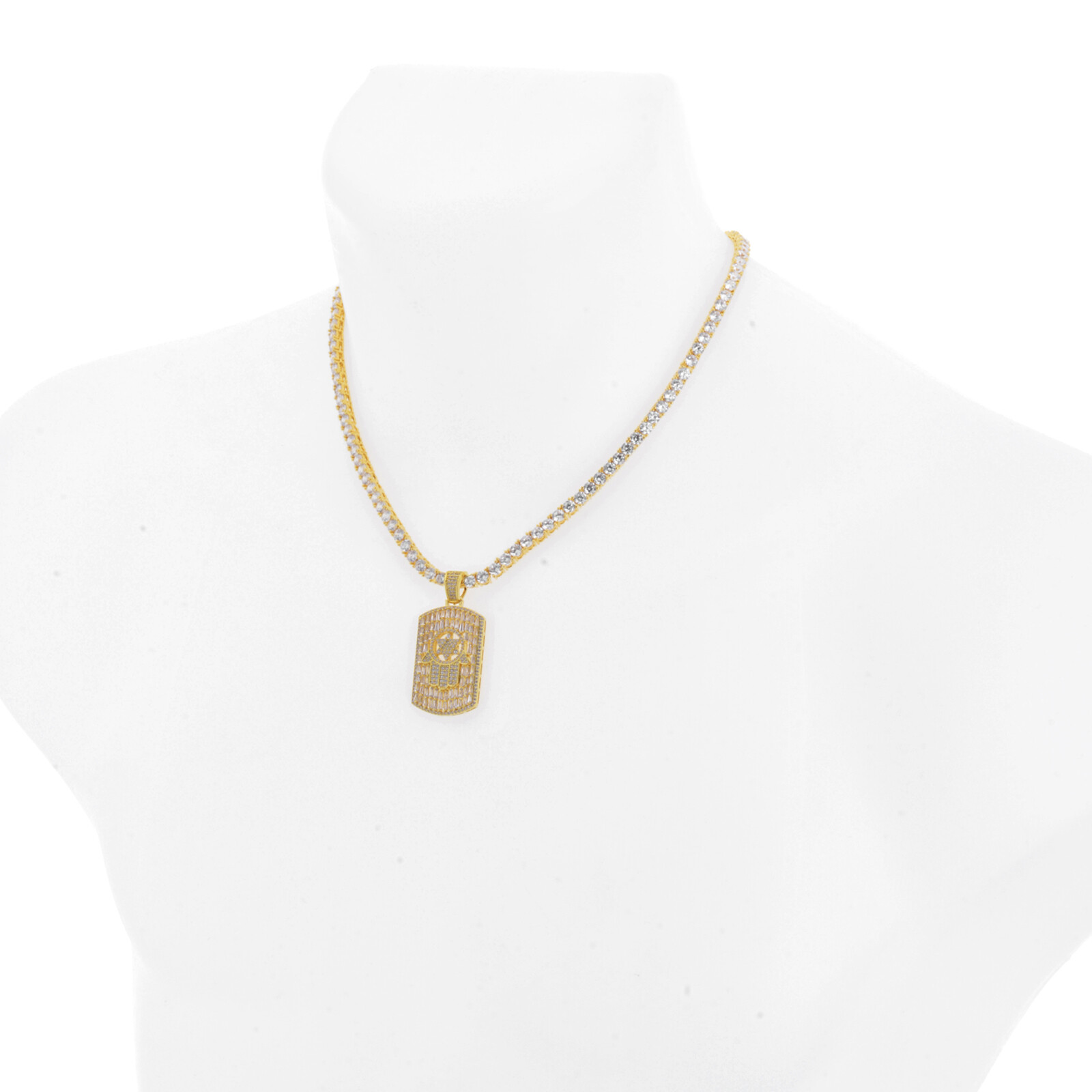 Gold Plated Dog Tag Hamsa Pendant 20 inch Choker Tennis Chain Necklace BCT 17097