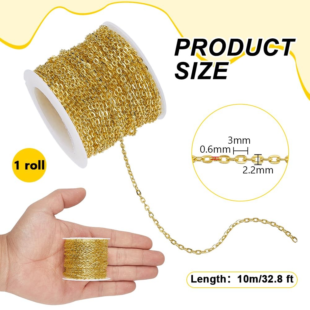 33 ft Necklace Chains 2.2mm Golden Iron Cross Chains Link Flat O-Shaped Cable…