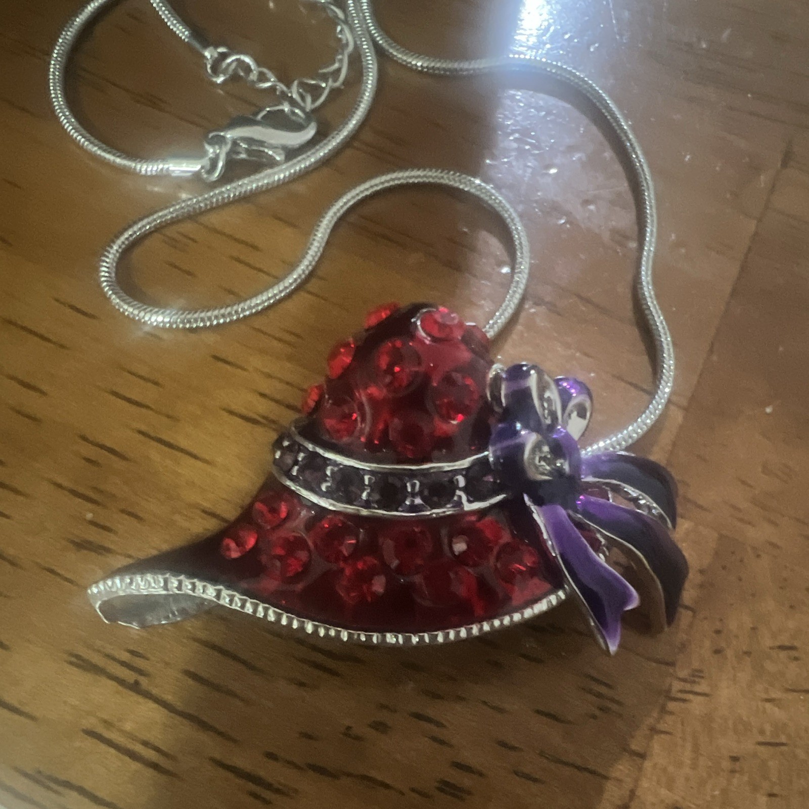 Silver Tone Snake Chain Necklace Red Crystal Hat Pendant Purple Enamel Bow