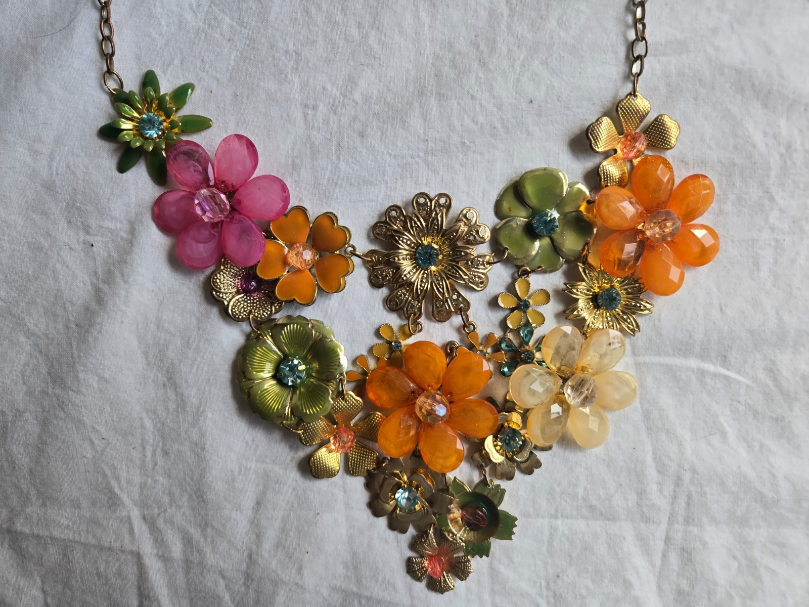 Floral Statement Necklace in Orange , Pink, Grean and Cream with Gold Tones # II