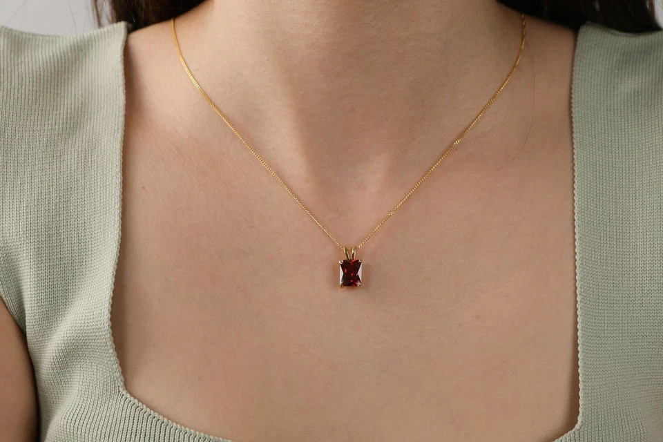 Rectangle Garnet Necklace Sterling Sliver Dainty Minimalist Red Gemstone Jewelry