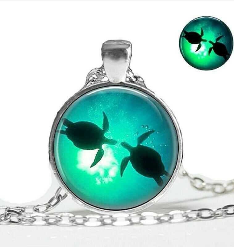 SEA TURTLES 1-1/8″ Glow in the Dark Metal & Dome Pendant 22-24″ Necklace (#35)