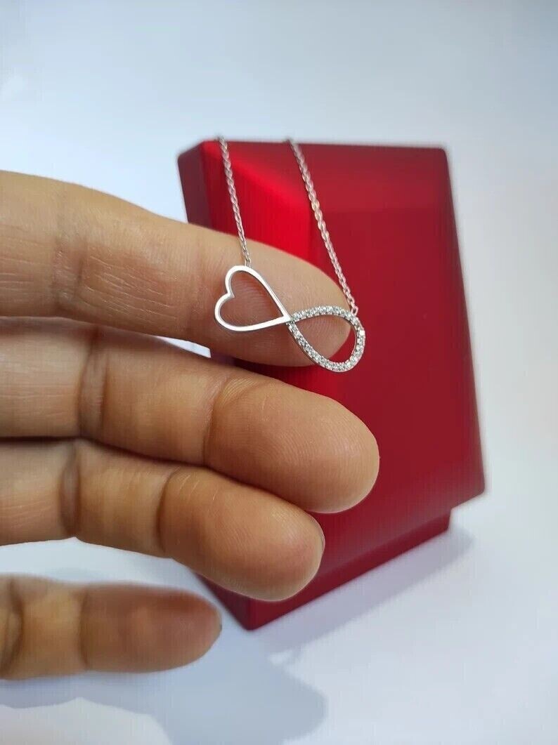 Unisex Heart Infinity Pendant Round Cut Simulated Diamond 14K White Gold Plated