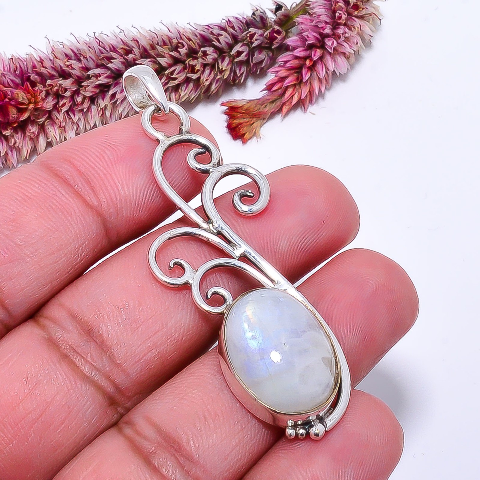 Rainbow Moonstone – India Designer Handmade 925 Sterling Silver Pendant 2.42″ P6