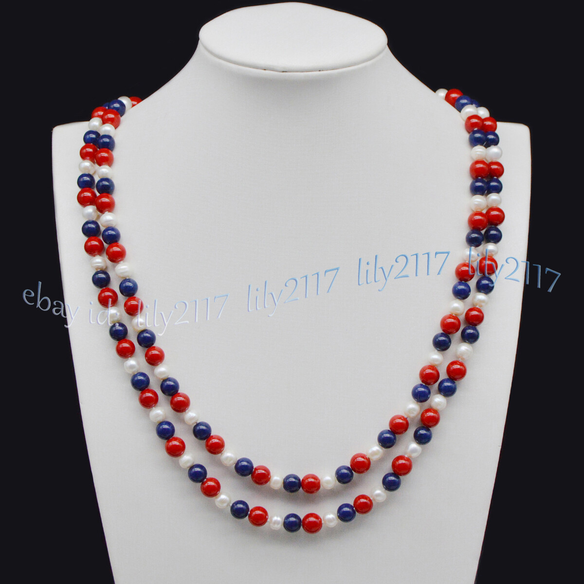 6-7mm White Pearl 8mm Red Coral Blue Lapis Lazuli Round Beads Necklace 22-100”