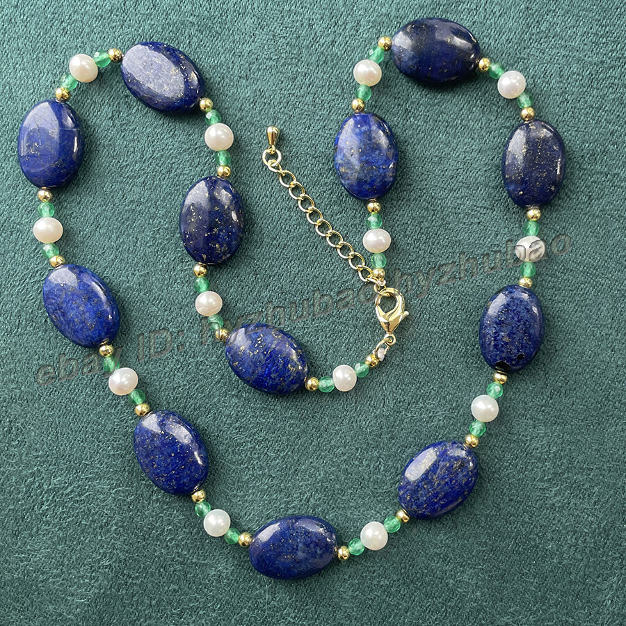 14-36″ 13x18mm Oval Blue Lapis Lazuli &White Pearl &Green Emerald Beads Necklace