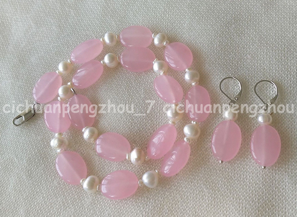 7-8mm White Freshwater Pearl 13x18mm Pink Jade Necklace Earrings Set 18-36”