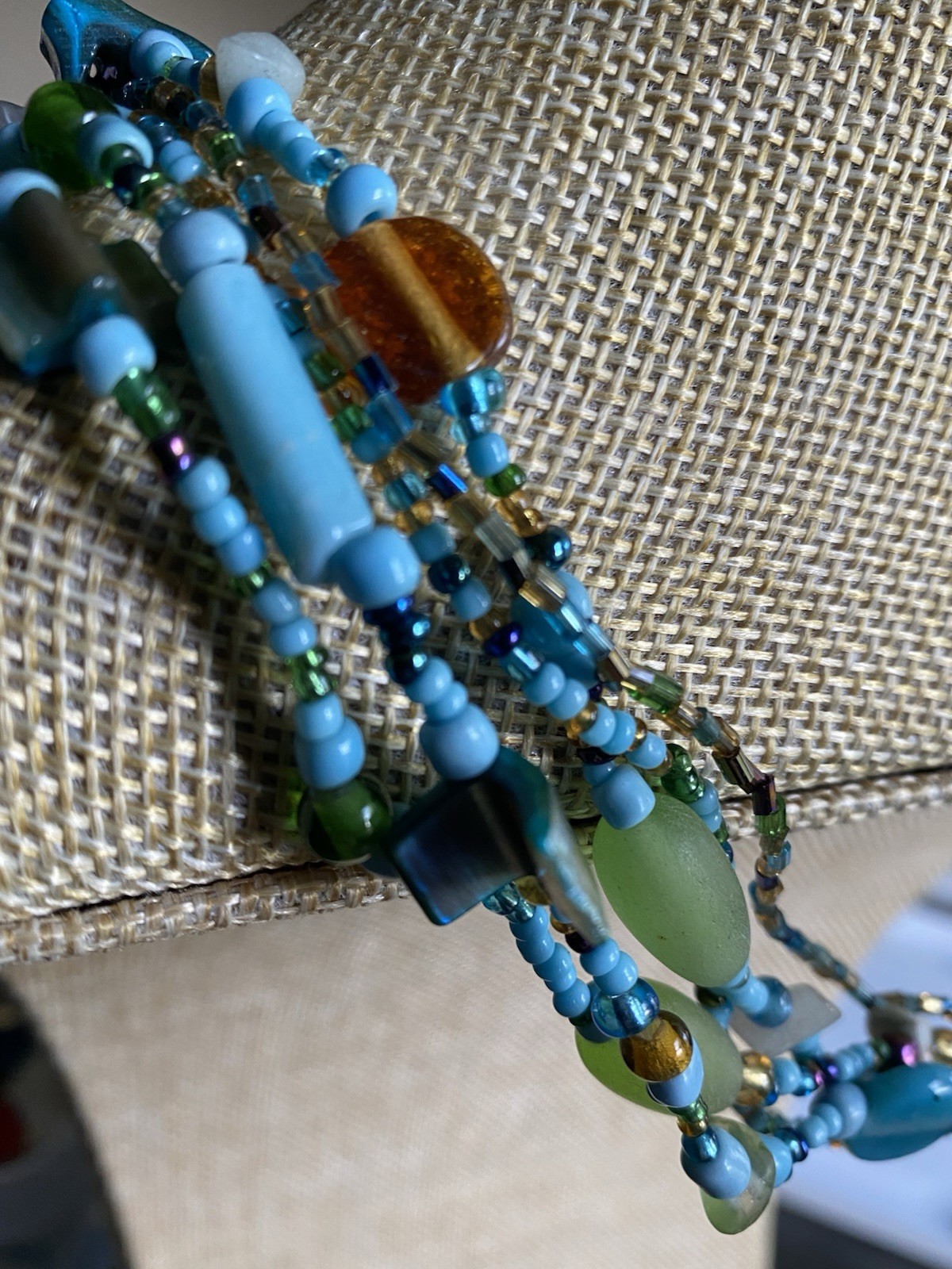 Boho Multi Strand Beaded Lariat Necklace Turquoise Blue Green Seed Bead Tassel