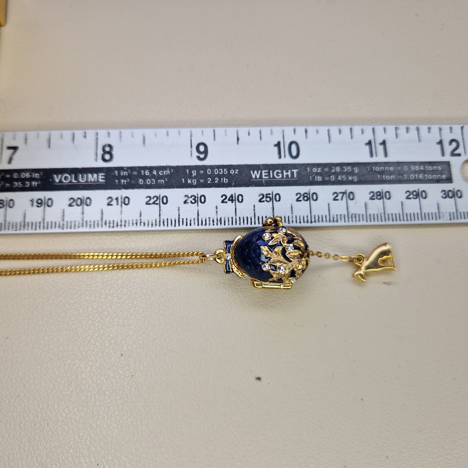 Enamel Easter Egg Locket Necklace Dangly Hidden Charm Sphix Jeweled Louvre 46cm