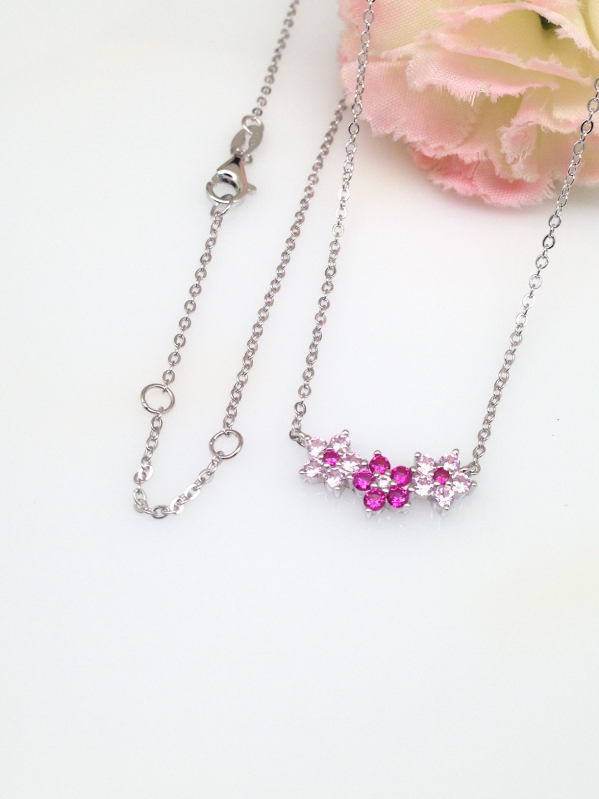 925 Sterling Silver CZ Triple Pink Flower Pendant Necklace Women Girl 16mm 17.5″
