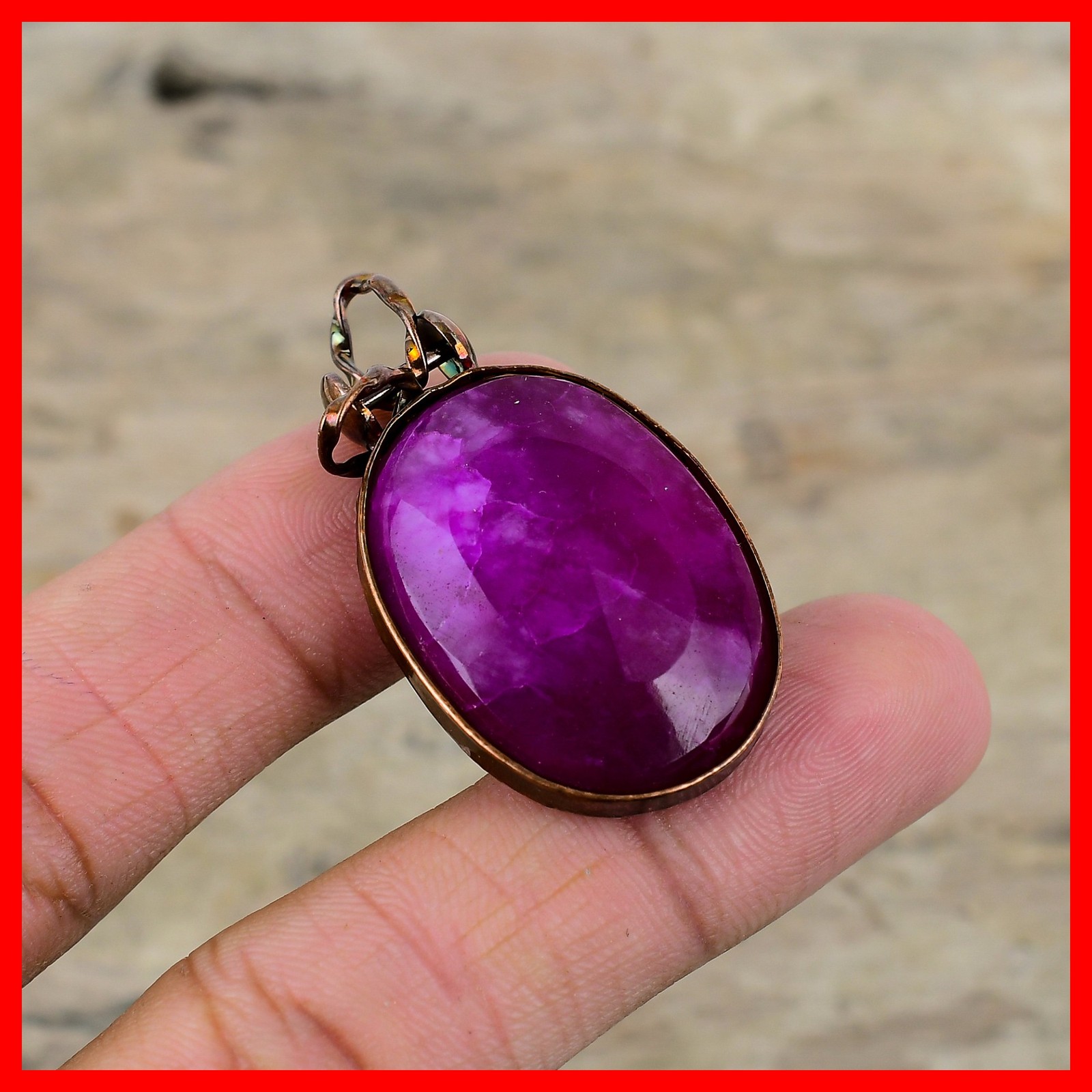 Oval Natural Kashmir Rubi Bezel Electroformed Artisan Elegant New Pendant Copper