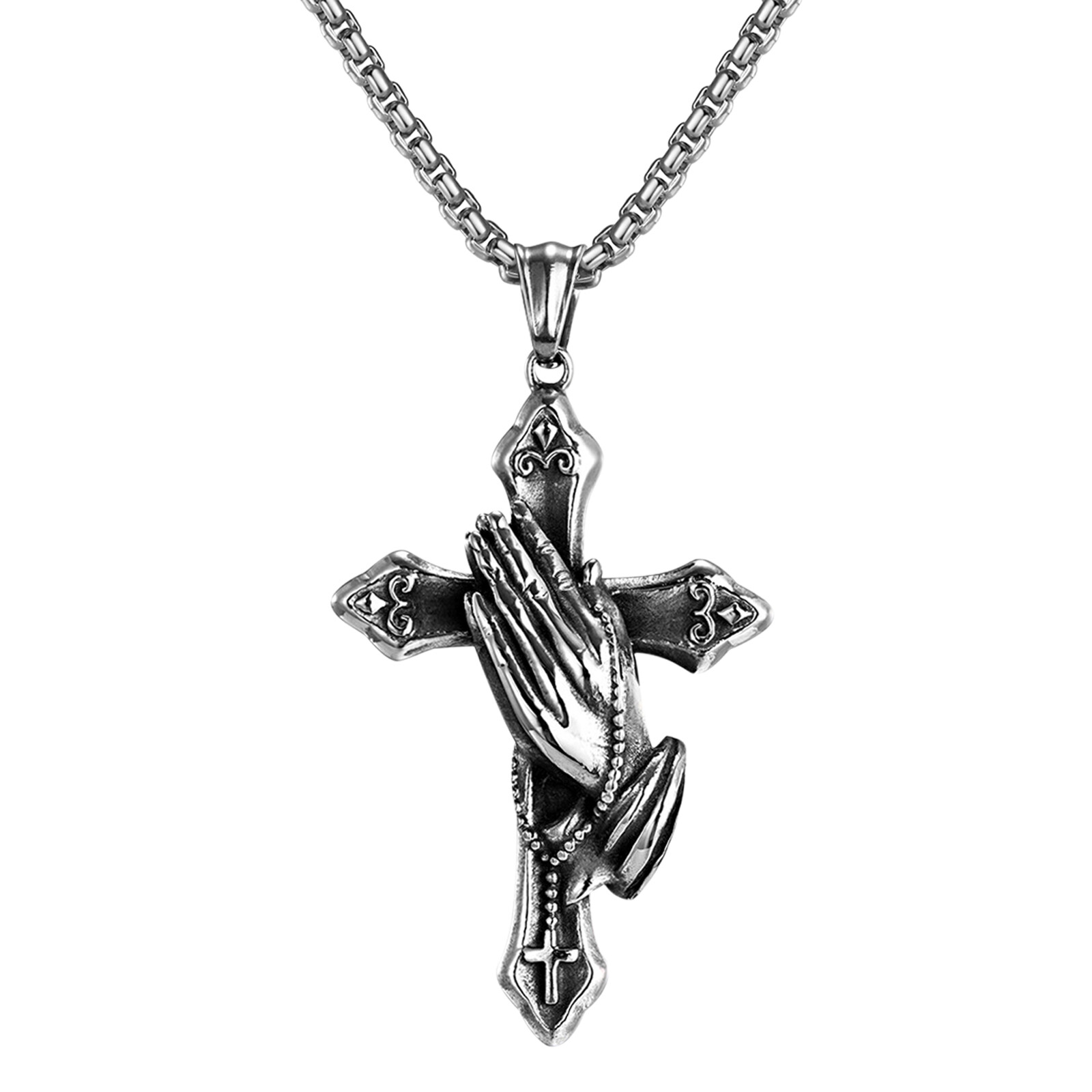 Mens Boys Vintage Stainless Steel Praying Hands Cross Pendant Necklace 22in Gift