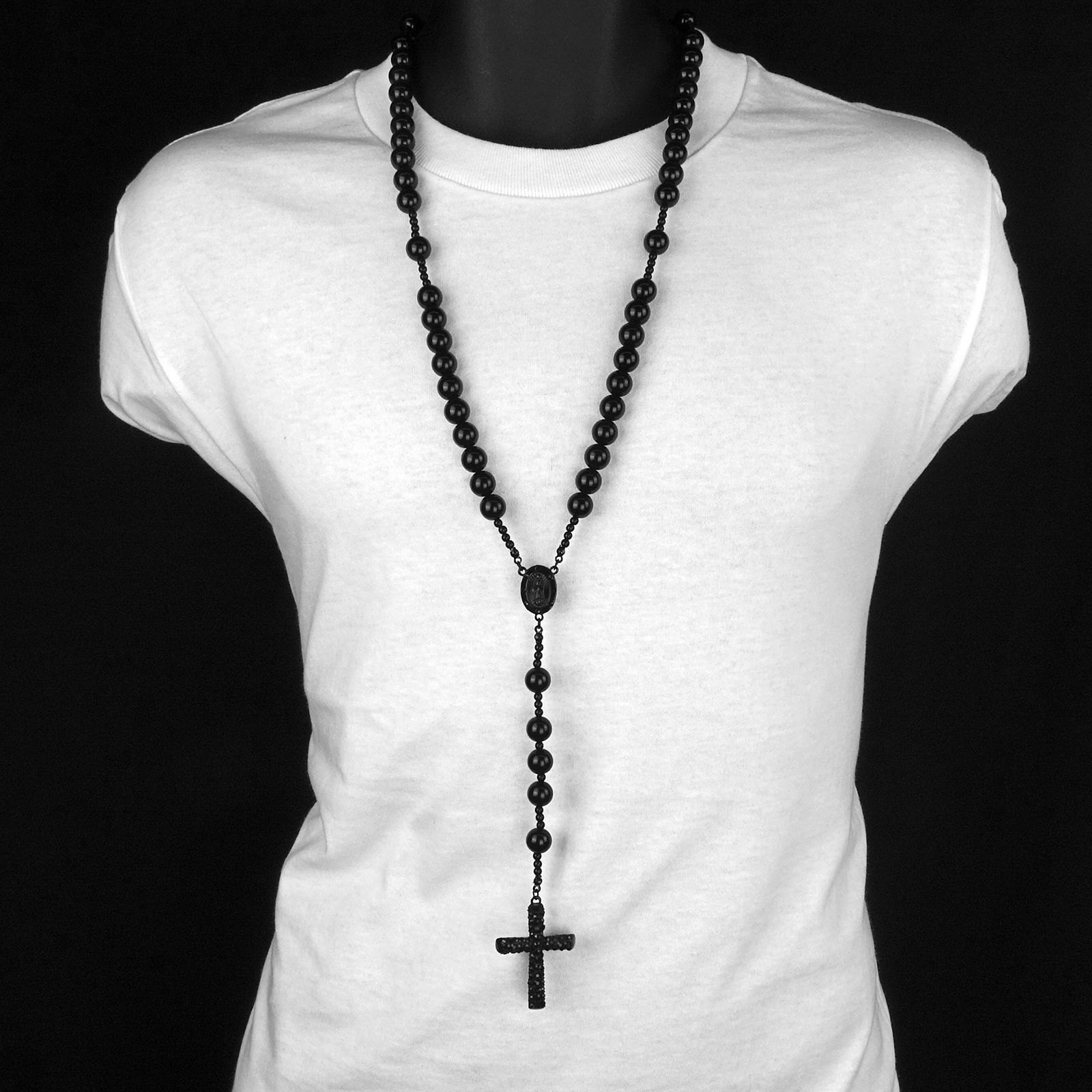 Men’s Hip Hop 15mm MATTE BLACK Beads Guadalupe Rosary & Jesus Cross Necklace BK