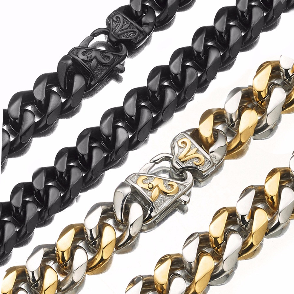 13/15mm Heavy Cut Men’s 316L Stainless Steel Curb Cuban Chain Necklace Bracelet